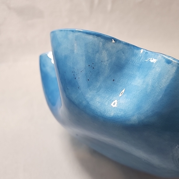 Handmade Ceramic Dish Glazed Blue with Pink Flowers 7" Unique Wavy Edge Bowl - Picture 12 of 14